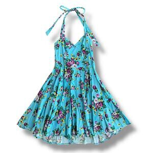 Hell Bunny Vixen Retro Halter Sundress Blue Floral Rockabilly Pin Up 50s Dress L